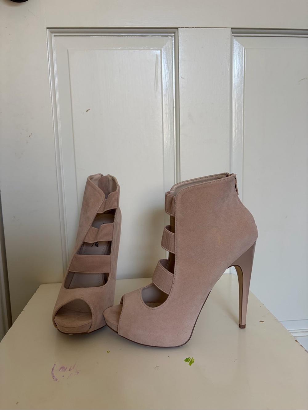 Anne Michelle Beige Suede Peep-Toe Strappy Stiletto Booties